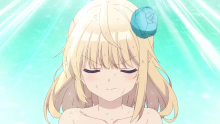 HD anime desktop wallpaper featuring Sora from Beast Tamer with closed eyes, blonde hair, and a blue rose hair accessory against a radiant turquoise background.