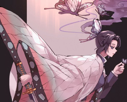 HD PC desktop wallpaper featuring Shinobu Kochou from the anime Demon Slayer: Kimetsu no Yaiba, depicted with butterflies and her iconic haori flowing behind her.