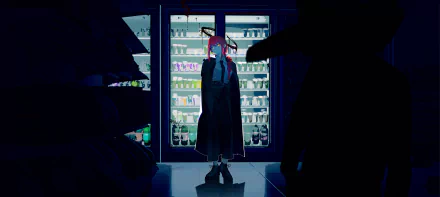 Makima from Chainsaw Man stands in a dark convenience store, illuminated by the glow of coolers. This striking 4K Ultra HD anime wallpaper captures her mysterious presence.