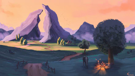 HD PC desktop wallpaper featuring a serene landscape from the video game The Legend of Zelda: Breath of the Wild, showcasing mountains, trees, and a campfire at sunset.