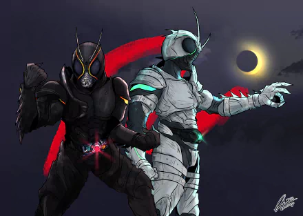 Anime Kamen Rider 2K Quad HD PC desktop wallpaper: two armored riders, one black and one white, stand back-to-back before a red crescent brushstroke and a darkened solar eclipse.