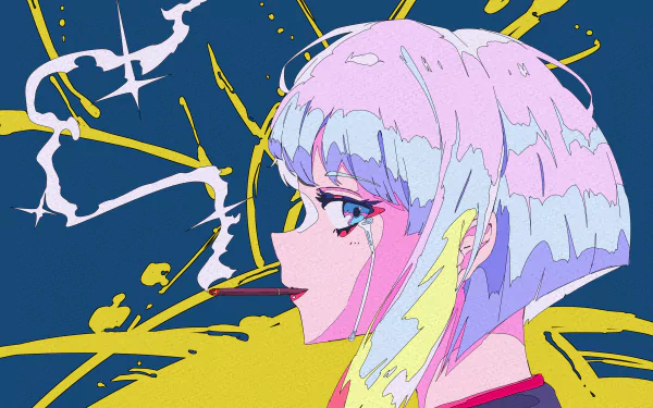 HD anime wallpaper featuring Lucy from Cyberpunk: Edgerunners with vibrant colors and dynamic background strokes in a bold cyberpunk art style.