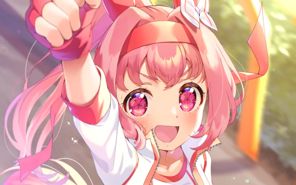 Haru Urara from Uma Musume: Pretty Derby — anime HD PC desktop wallpaper showing a vibrant pink-haired girl with sparkling eyes, beaming smile and raised fist in an energetic close-up.