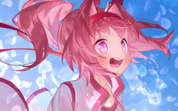 Vibrant 2K Quad HD PC wallpaper of Haru Urara from Uma Musume: Pretty Derby — pink-haired anime girl with twin tails, bright smile and sparkling eyes against a blue bokeh sky.