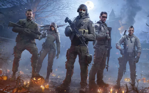 HD desktop wallpaper featuring five armed soldiers from the video game Call of Duty: Mobile standing in a dark, eerie forest with a full moon in the background.