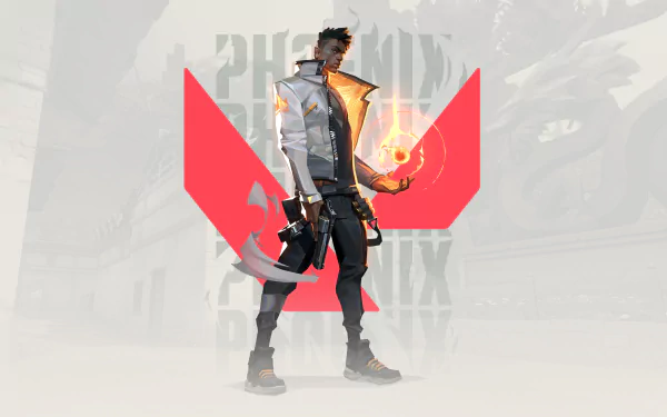 4K Ultra HD PC desktop wallpaper featuring Phoenix from Valorant with the game's red logo in the background.
