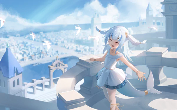 HD PC desktop wallpaper featuring Gawr Gura from hololive, depicted as an anime-style Virtual YouTuber in a bright, serene castle setting with a cheerful expression.
