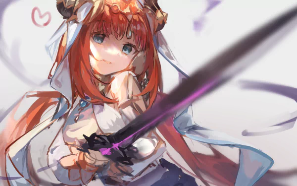 Nilou from the video game Genshin Impact, red-haired dancer holding a glowing sword in a dynamic pose — vibrant 2K Quad HD PC desktop wallpaper.