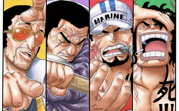 Four powerful One Piece admirals stand imposingly in this HD anime desktop wallpaper: Akainu, Kizaru, Fujitora, and Ryokugyu.