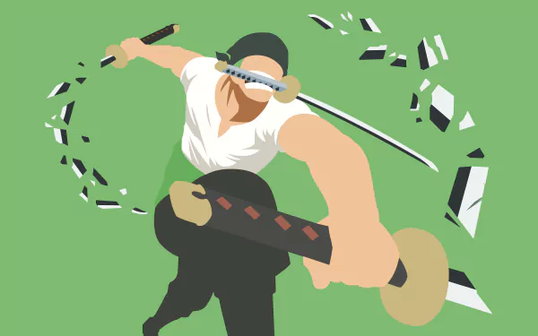 Roronoa Zoro from One Piece wielding swords in action, illustrated in vibrant anime style as an 8K Ultra HD PC desktop wallpaper.