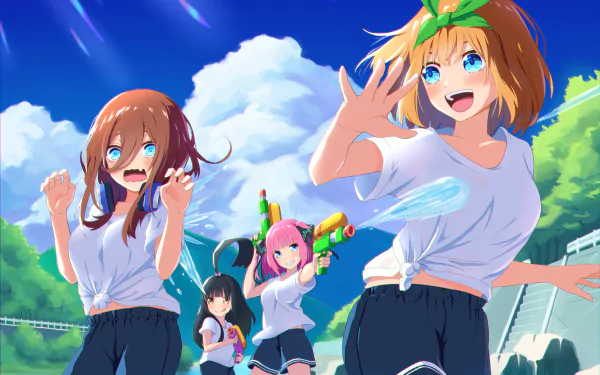 HD PC desktop wallpaper featuring Yotsuba, Nino, and Miku Nakano from The Quintessential Quintuplets enjoying a sunny outdoor water fight.