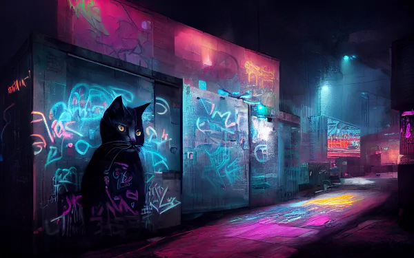 HD PC desktop wallpaper featuring AI art of a cyberpunk city alley illuminated by neon lights and vibrant graffiti, blending futuristic sci-fi and urban elements.