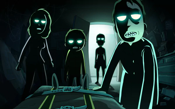 HD Rick and Morty PC desktop wallpaper featuring glowing-eyed characters standing ominously in a dimly lit room, capturing the show's eerie sci-fi vibe.