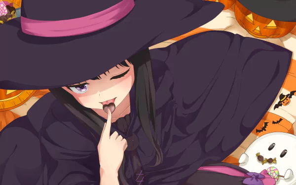 Takina Inoue from Lycoris Recoil winking in a witch outfit among Halloween pumpkins and a ghost — anime 5K Ultra HD PC desktop wallpaper.