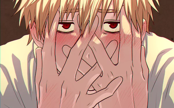 HD PC desktop wallpaper featuring Denji from the anime Chainsaw Man, showing a close-up of his face partially covered by his hands with expressive eyes.