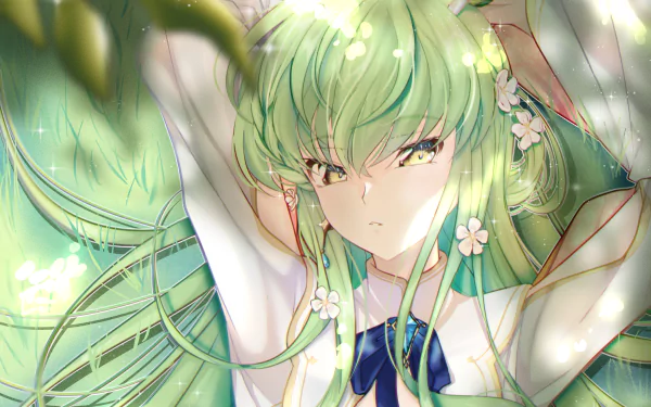 HD anime desktop wallpaper featuring C.C. from Code Geass with flowing green hair, surrounded by soft light and delicate white flowers.