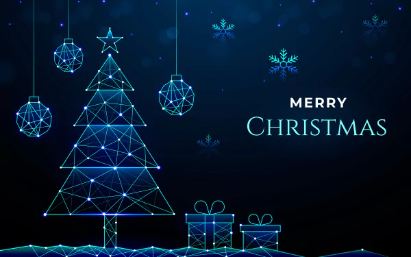 HD PC desktop wallpaper featuring a geometric Christmas tree, hanging ornaments, gifts, and snowflakes with the text Merry Christmas on a dark holiday-themed background.