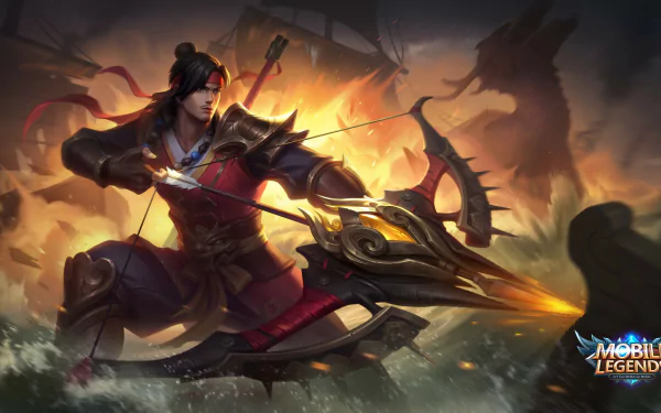 Video game HD PC wallpaper for Mobile Legends: Bang Bang — armored archer hero fires a flaming arrow on a smoky battlefield with a dragon silhouette.