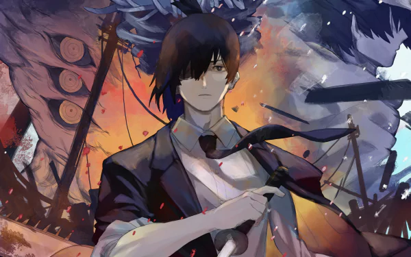 Aki Hayakawa from Chainsaw Man, anime 4K Ultra HD PC desktop wallpaper: stoic in a suit, gripping a weapon before a fiery, mechanical battlefield.