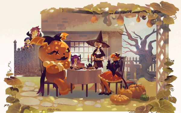 HD PC desktop wallpaper featuring COOKIE RUN: KINGDOM characters celebrating Halloween with pumpkin decorations and a cozy outdoor tea party setting.