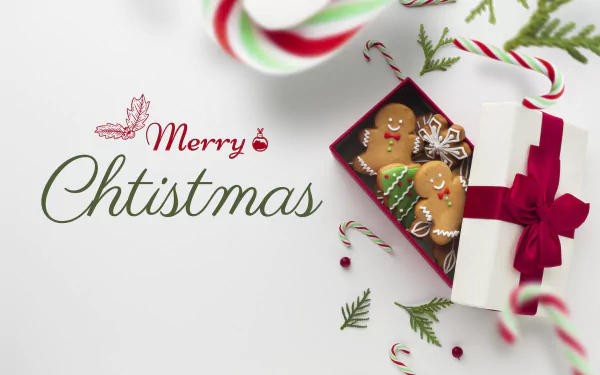 Merry Christmas greeting with decorated gingerbread cookies, candy canes, and festive greenery on a clean white background, 4K Ultra HD holiday desktop wallpaper.