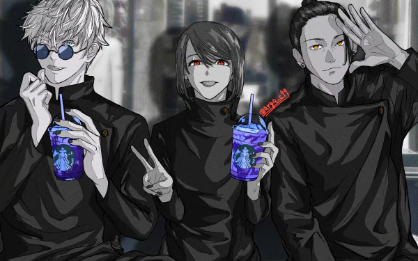 Anime-style 4K Ultra HD wallpaper featuring Suguru Geto, Shoko Ieiri, and Satoru Gojo from Jujutsu Kaisen, with Gojo and Geto posing together.