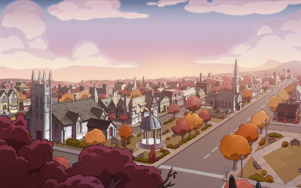 Gravesfield from the TV show The Owl House — 2K Quad HD PC desktop wallpaper depicting an autumnal townscape with church spires, gazebo and tree-lined streets beneath a pastel sunset.