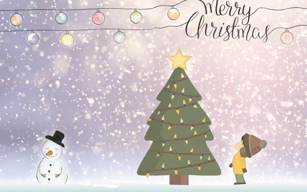Merry Christmas holiday 4K Ultra HD PC desktop wallpaper: snowy scene with lit Christmas tree topped by a star, string lights above, a snowman and a child in a winter coat.