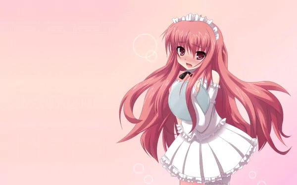 A vibrant HD desktop wallpaper featuring a character from Zero no Tsukaima, showcasing a girl with long pink hair in a playful pose against a soft pink background.