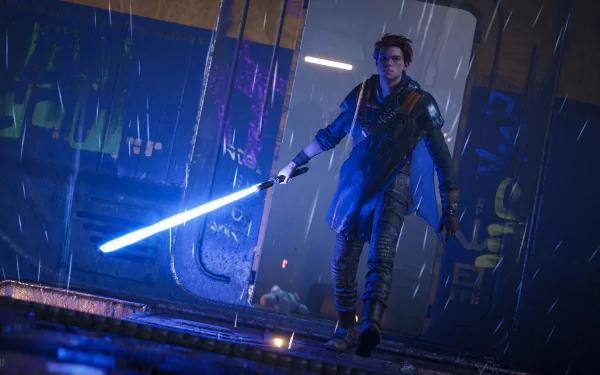 4K Ultra HD PC wallpaper from the Star Wars Jedi: Fallen Order video game, featuring a rain-soaked character wielding a blue lightsaber in a futuristic setting.