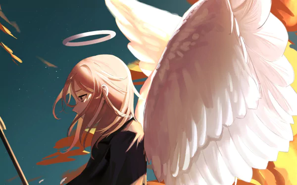HD PC desktop wallpaper/background of Angel Devil (Chainsaw Man): anime portrait of a winged figure with halo and large white wings, gazing solemnly against a twilight sky.