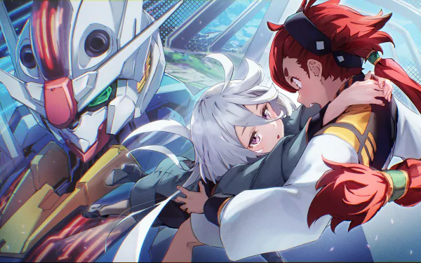 4K Ultra HD desktop wallpaper of Suletta Mercury and Miorine Rembran from Mobile Suit Gundam: The Witch from Mercury, embracing as a Gundam stands behind them.