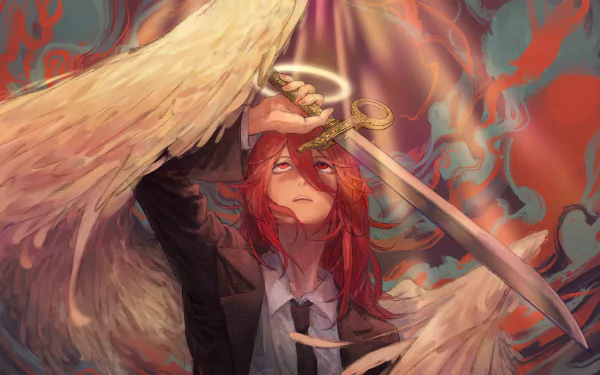 HD PC desktop wallpaper featuring Angel Devil from the anime Chainsaw Man, depicted with large wings and a sword against a dramatic, fiery background.