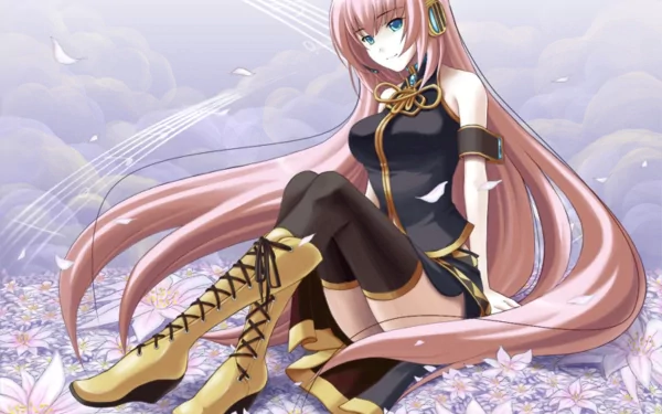 A vibrant HD wallpaper featuring Luka Megurine, a popular Vocaloid character, depicted with long pink hair sitting amidst flowers, set against a dreamy pastel background.