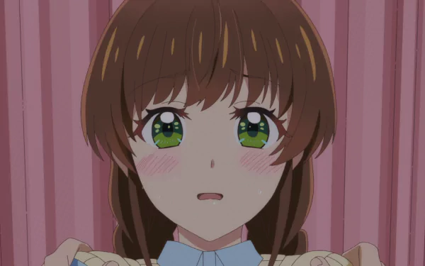 HD anime desktop wallpaper featuring Shiori Sakurazaka from More Than a Married Couple, But Not Lovers, with expressive green eyes and a soft pink background.