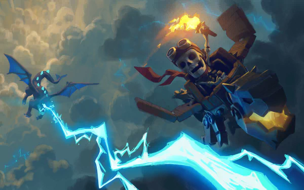 4K Ultra HD PC desktop wallpaper showing a Clash Royale video game scene: skeletal pilot in a makeshift flying machine firing blue lightning at a small dragon amid stormy clouds.