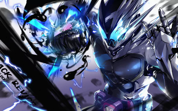 4K Ultra HD anime-style Kamen Rider with glowing blue accents and dynamic energy effects, set against a dark, intense background for PC desktop wallpaper.