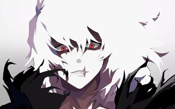 HD PC desktop wallpaper featuring Tomura Shigaraki, a character from the anime My Hero Academia, with striking red eyes and a dark, shadowy aura.