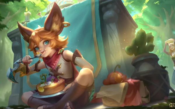 HD PC desktop wallpaper/background for the video game Mobile Legends: Bang Bang: an anthropomorphic fox-like hero lounges by a camp tent, eating from a bowl in a sunlit forest.