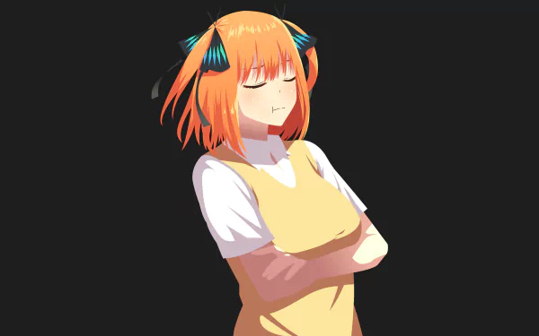 4K Ultra HD anime wallpaper featuring Yotsuba Nakano from The Quintessential Quintuplets with orange hair and closed eyes, set against a dark background.