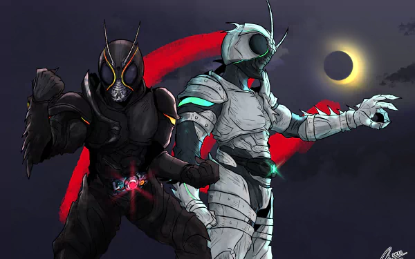 Anime Kamen Rider 2K Quad HD PC desktop wallpaper: two armored riders, one black and one white, stand back-to-back before a red crescent brushstroke and a darkened solar eclipse.