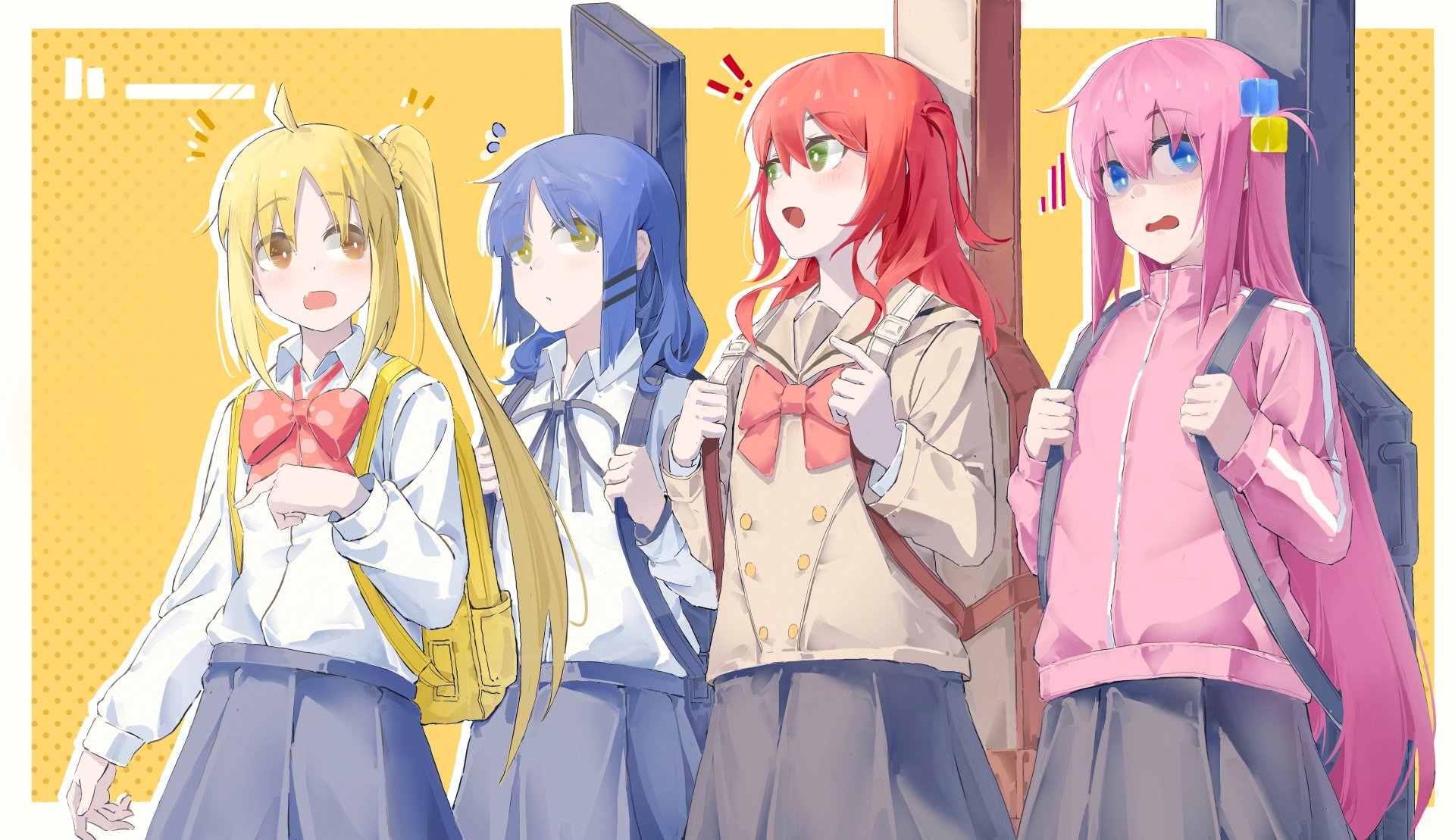 5K Ultra HD PC wallpaper of Bocchi the Rock! anime featuring Hitori Gotou, Ikuyo Kita, Ryou Yamada and Nijika Ijichi in school uniforms with backpacks against a warm background.