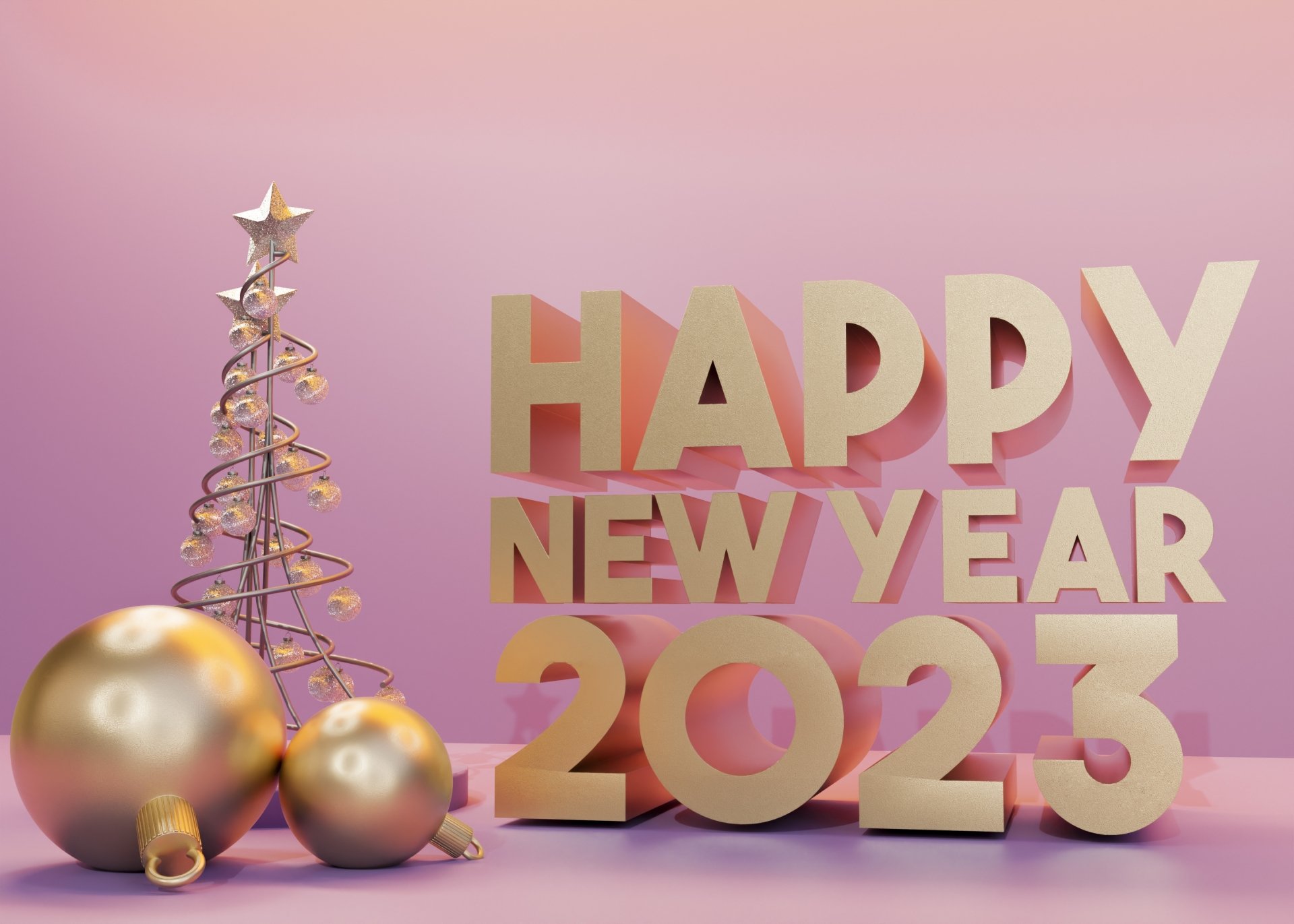 HD PC desktop wallpaper featuring gold Happy New Year 2023 text with festive ornaments and a stylized tree against a soft pink background for the holiday season.