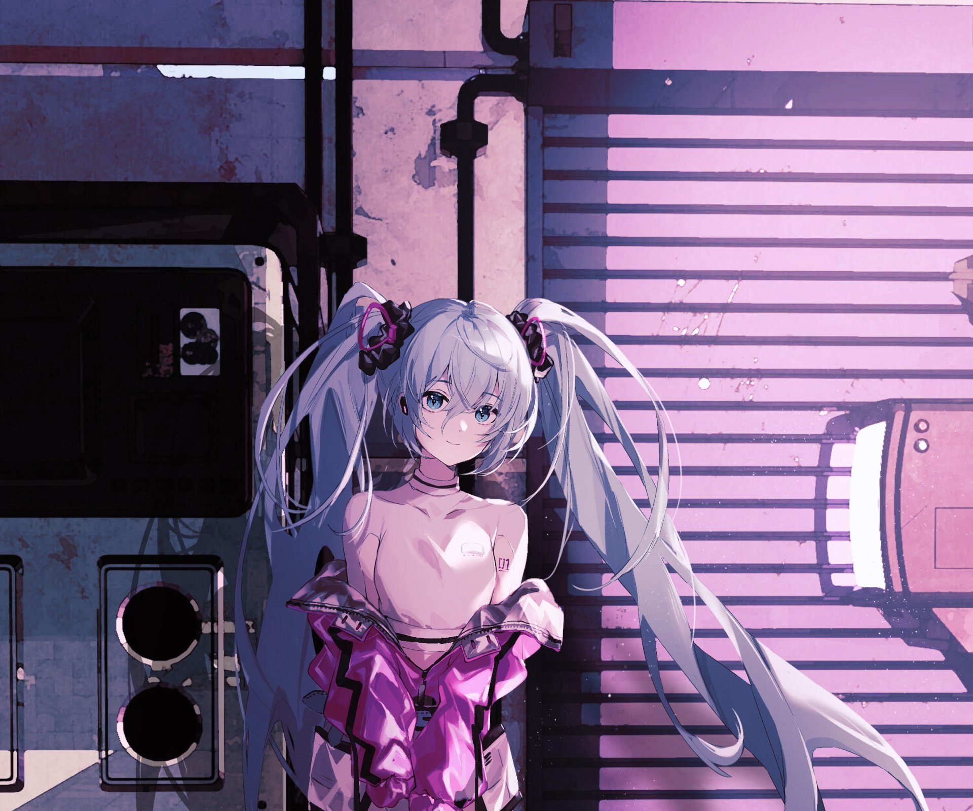 HD PC desktop wallpaper of Anime Vocaloid Hatsune Miku with long turquoise twin-tails and a pink off-shoulder outfit, bathed in purple neon light against an urban alley backdrop.