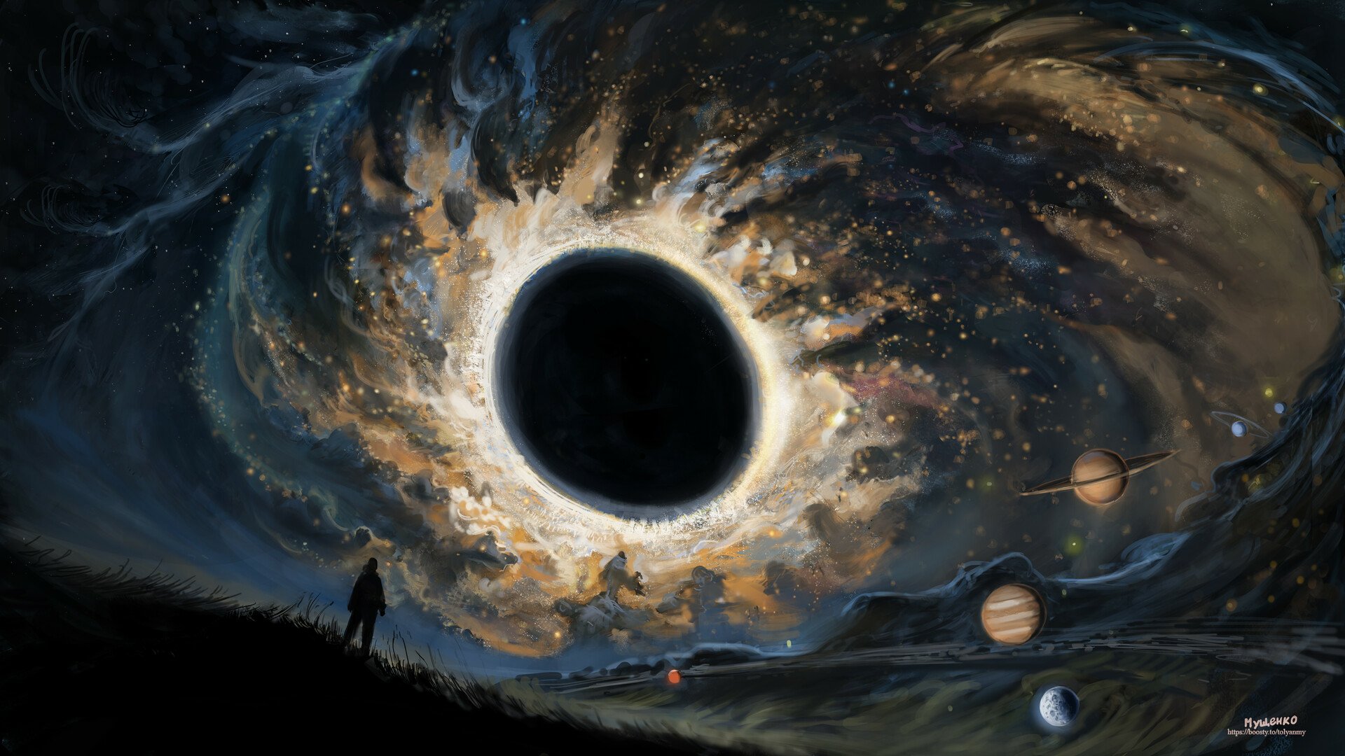 Sci‑Fi HD PC desktop wallpaper/background: a colossal black hole at the center of a swirling cosmic vortex, planets orbit nearby while a lone silhouetted figure watches from a ridge.