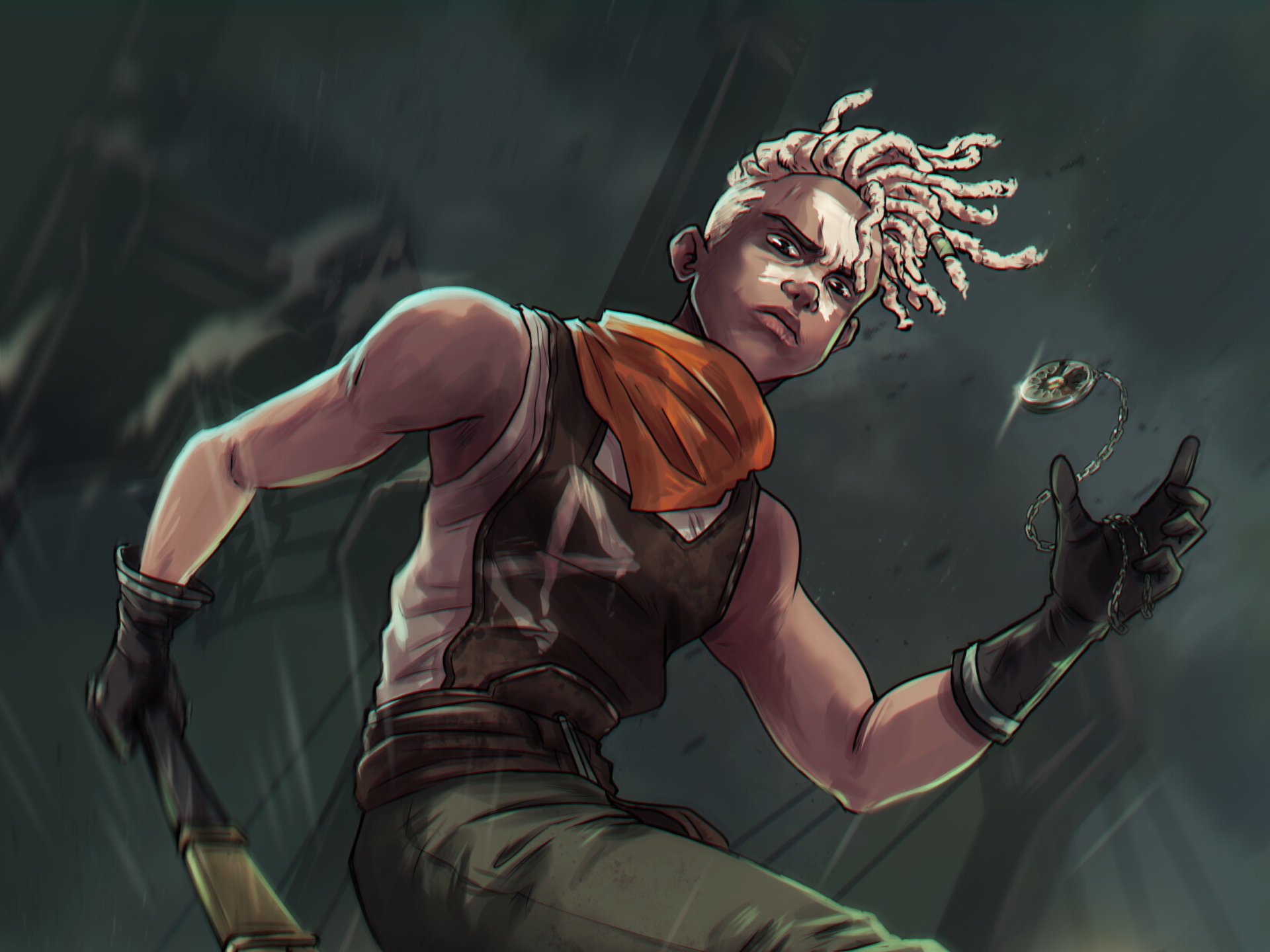 Ekko (League of Legends) HD PC wallpaper: low-angle action portrait of the dreadlocked hero with an orange scarf, time device in hand, set against a stormy urban backdrop.