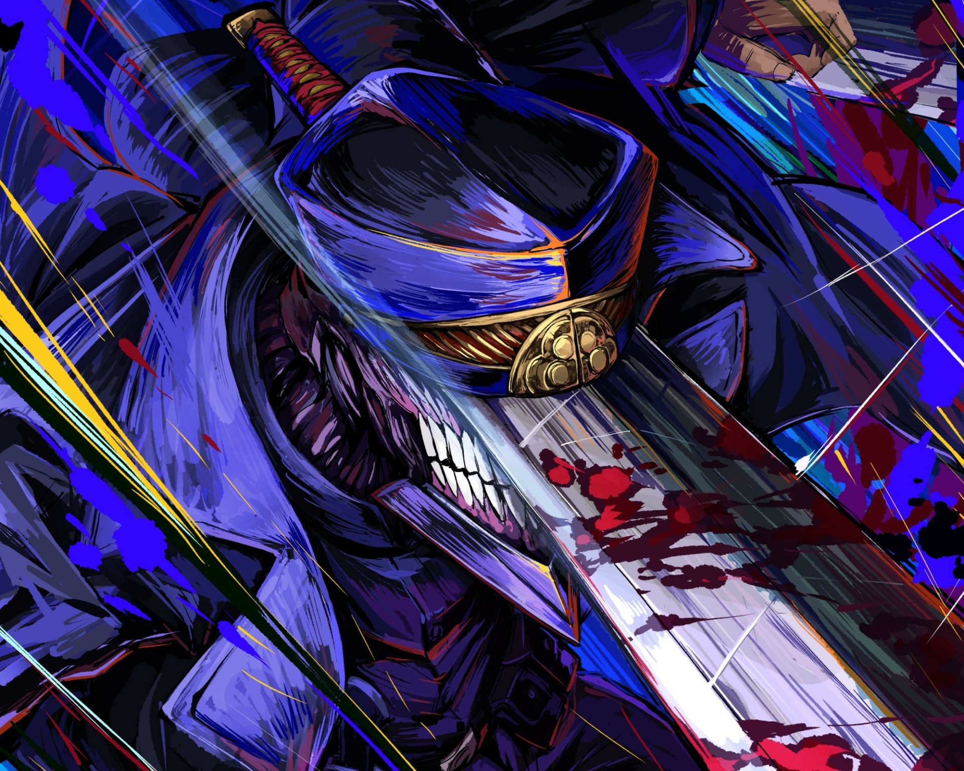 HD PC desktop wallpaper featuring Katana Man from the anime Chainsaw Man, showcasing his blood-stained katana and intense expression in vibrant colors.