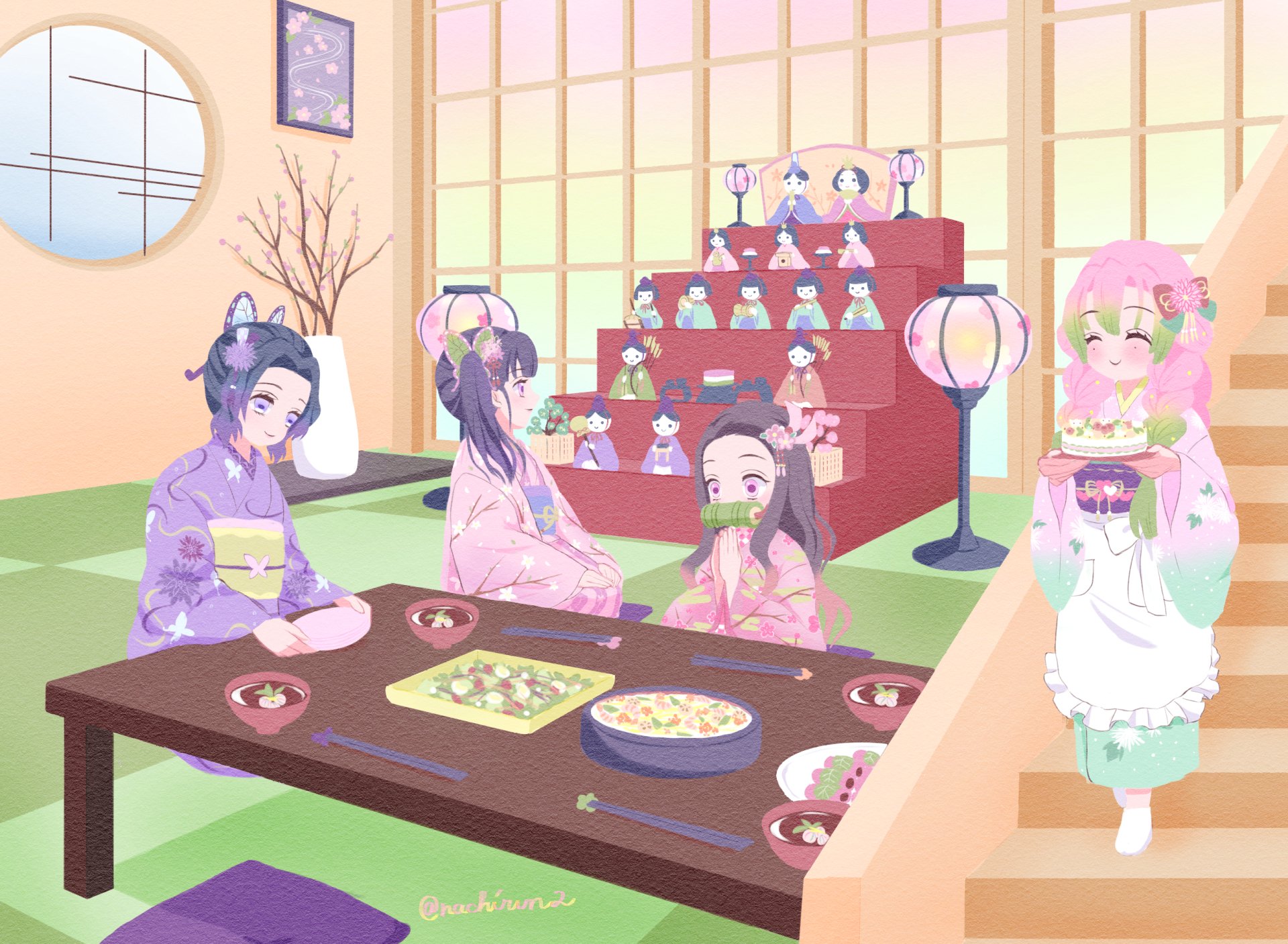 HD anime desktop wallpaper featuring Mitsuri Kanroji, Nezuko Kamado, Kanao Tsuyuri, and Shinobu Kochou from Demon Slayer: Kimetsu no Yaiba in a traditional Japanese room.