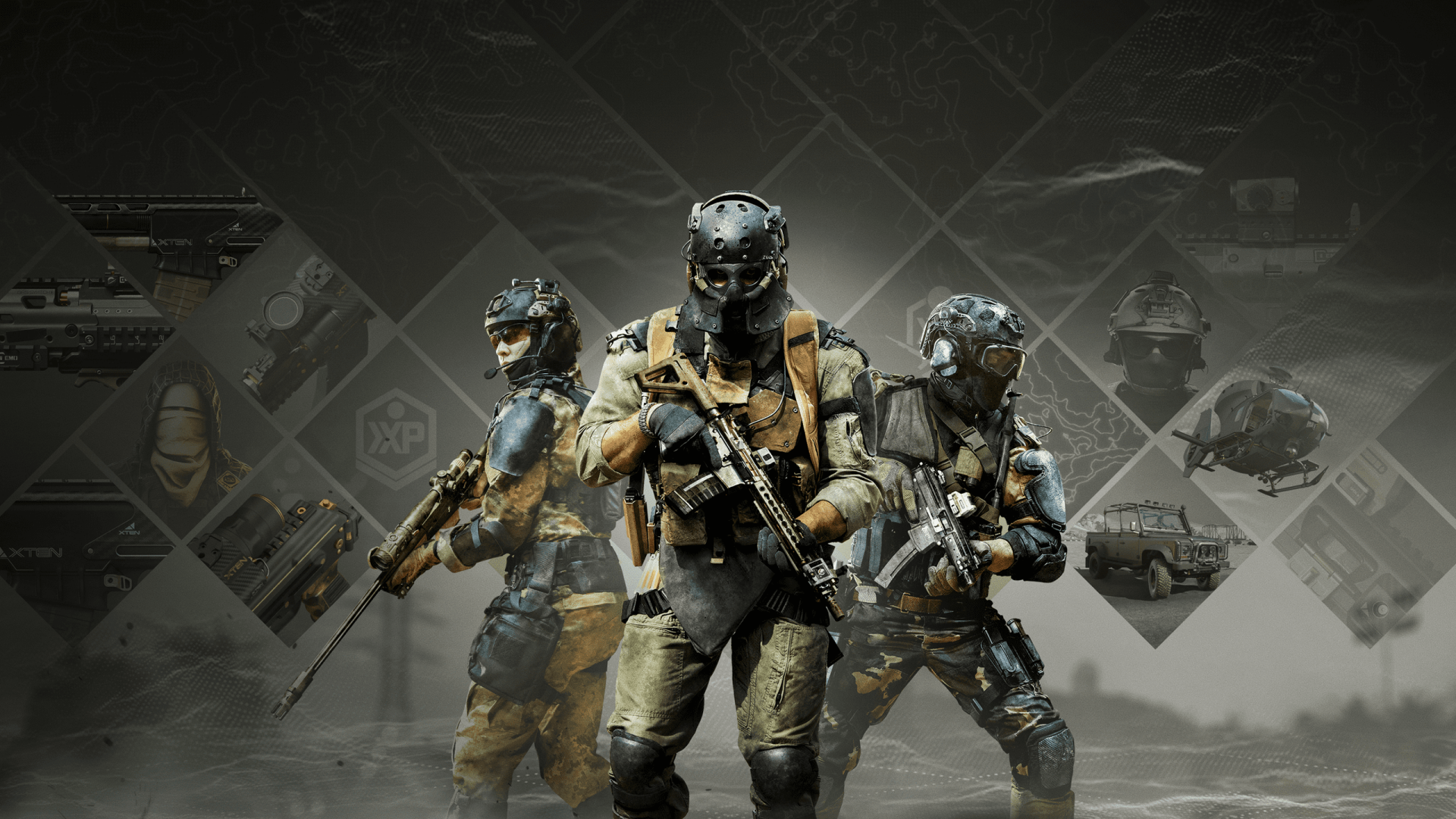 HD desktop wallpaper featuring three soldiers from Call of Duty: Warzone 2.0, set against a backdrop with game-related graphics and helicopters.
