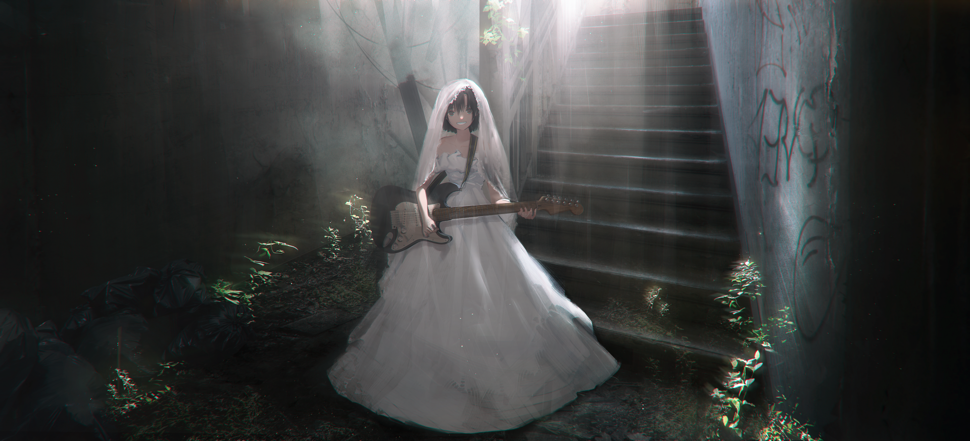 4K Ultra HD PC desktop wallpaper: an anime girl in a white wedding gown and veil sits on mossy, graffiti-lined stairs holding an electric guitar as beams of light cut through the darkness.